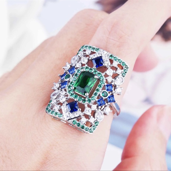 Art Deco Large Blue Green Silver Statement Ring - Picture 3 of 8